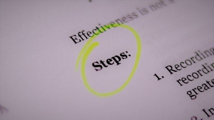 Das Bild zeigt ein Blatt Papier mit dem englischen Wort "Steps"