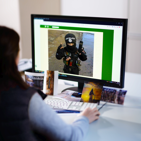 Die Aufnahme zeigt Internetpropaganda, die im BfV bearbeitet/beobachtet wird. Bild eines Schreibtisches, auf dem Monitor wird eindeutige Propaganda des IS gezeigt.  (Quelle: Bundesamt für Verfassungsschutz) Die Aufnahme zeigt Internetpropaganda, die im BfV bearbeitet/beobachtet wird. Bild eines Schreibtisches, auf dem Monitor wird eindeutige Propaganda des IS gezeigt.