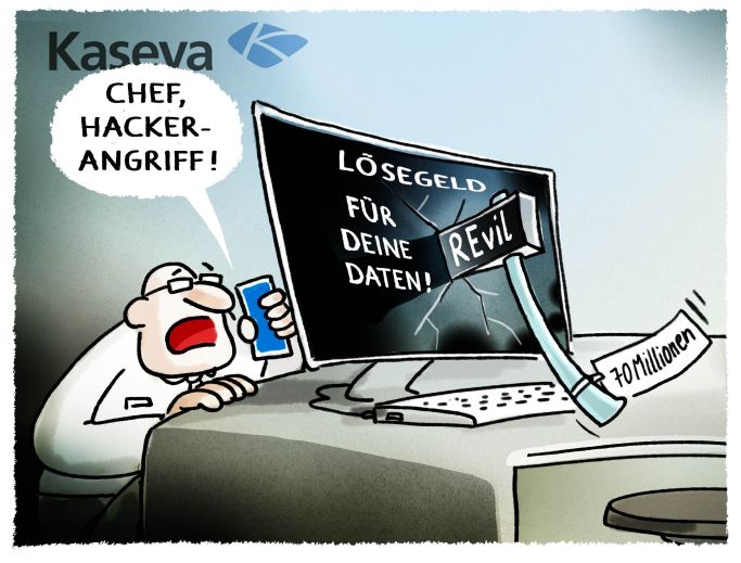 Das Bild zeigt eine Karikatur mit einem Hammer vor einem zertrümmerten Bildschirm und der Aussage „Chef, Hackerangriff und Lösegeld für Deine Daten" (Quelle: picture alliance / die Kleinert | Markus Grolik) Das Bild zeigt eine Karikatur mit einem Hammer vor einem zertrümmerten Bildschirm und der Aussage „Chef, Hackerangriff und Lösegeld für Deine Daten"