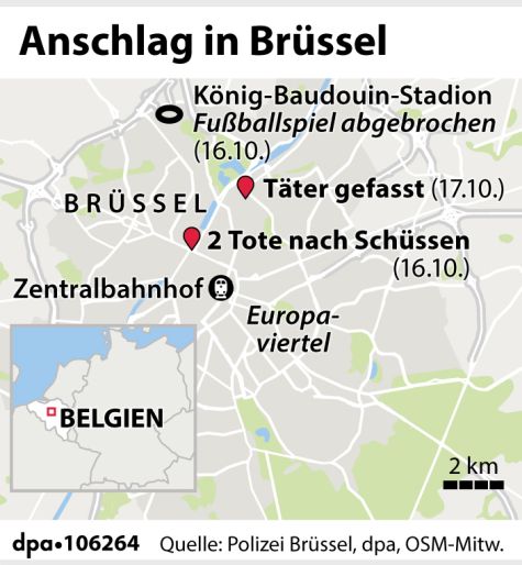 Das Bild zeigt eine Straßenkarte von Brüssel mit markierten Tatorten vom 16.10.2023 (Quelle: picture alliance | dpa | dpa-Grafik GmbH) Das Bild zeigt eine Straßenkarte von Brüssel mit markierten Tatorten vom 16.10.2023