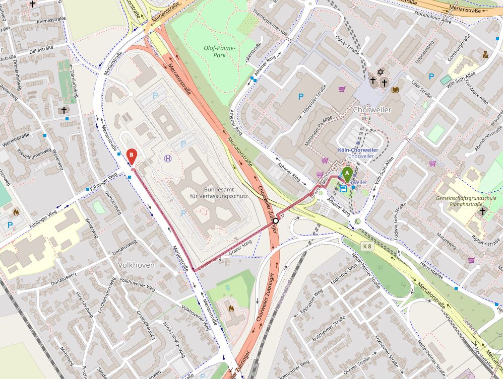 The image shows a map section of the city of Cologne (Source: OpenStreetMap) The image shows a map section of the city of Cologne