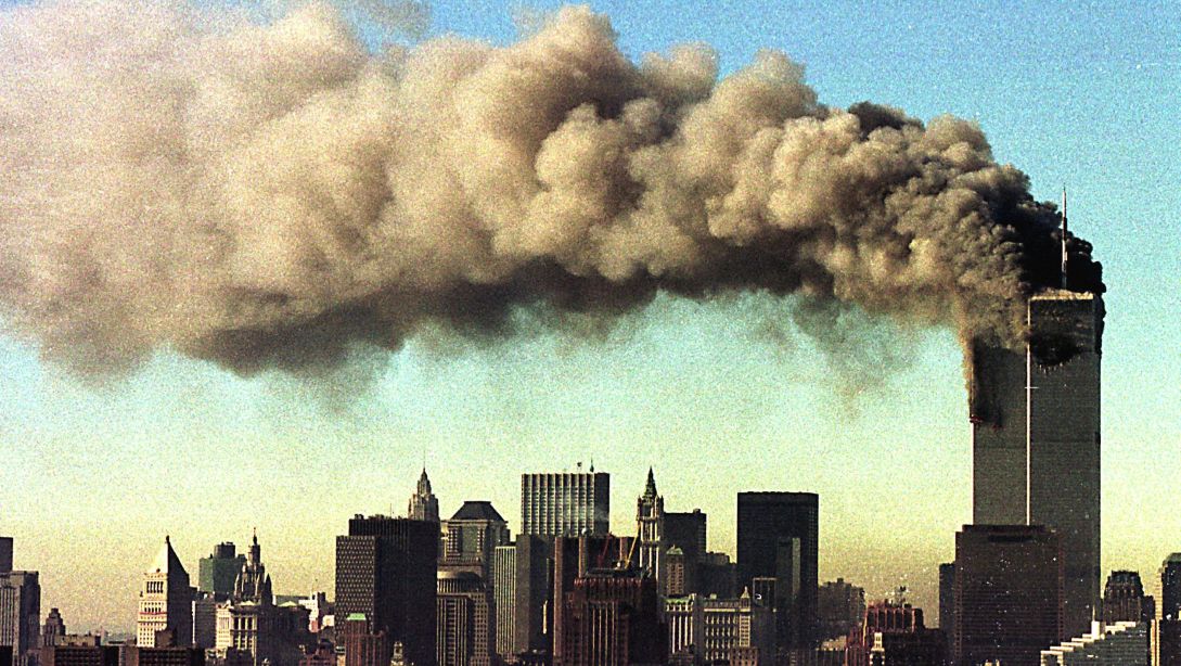 The photograph shows a view of the burning World Trade Center in New York City after the Islamist terrorist attack on September 11, 2001. (Source: ipol/dpa-foto-report/picture alliance/dpa) The photograph shows a view of the burning World Trade Center in New York City after the Islamist terrorist attack on September 11, 2001.