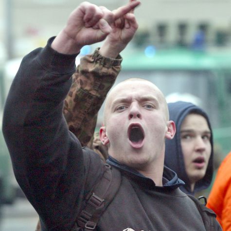 The photograph shows the participant of a neo-Nazi demonstration against the ban of the right-wing extremist band "Landser" in Berlin on January 10, 2004. (Source: AP Images/picture alliance) The photograph shows the participant of a neo-Nazi demonstration against the ban of the right-wing extremist band "Landser" in Berlin on January 10, 2004.